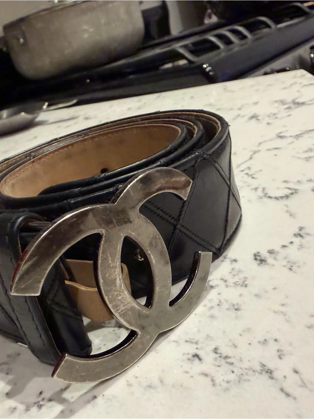CHANEL Black Quilted Leather Belt with Silver CC Interlocking Buckle